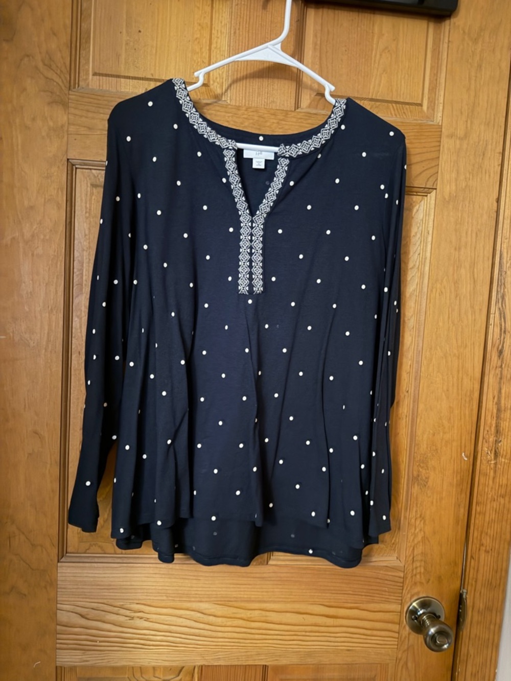 J. Jill Navy Polka Dot Embroidered Split-Neck Tunic